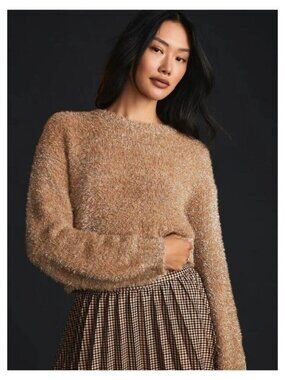 MAEVE Anthropologie Eyelash Tinsel Cropped Pullover Sweater Medium Sand / Sable